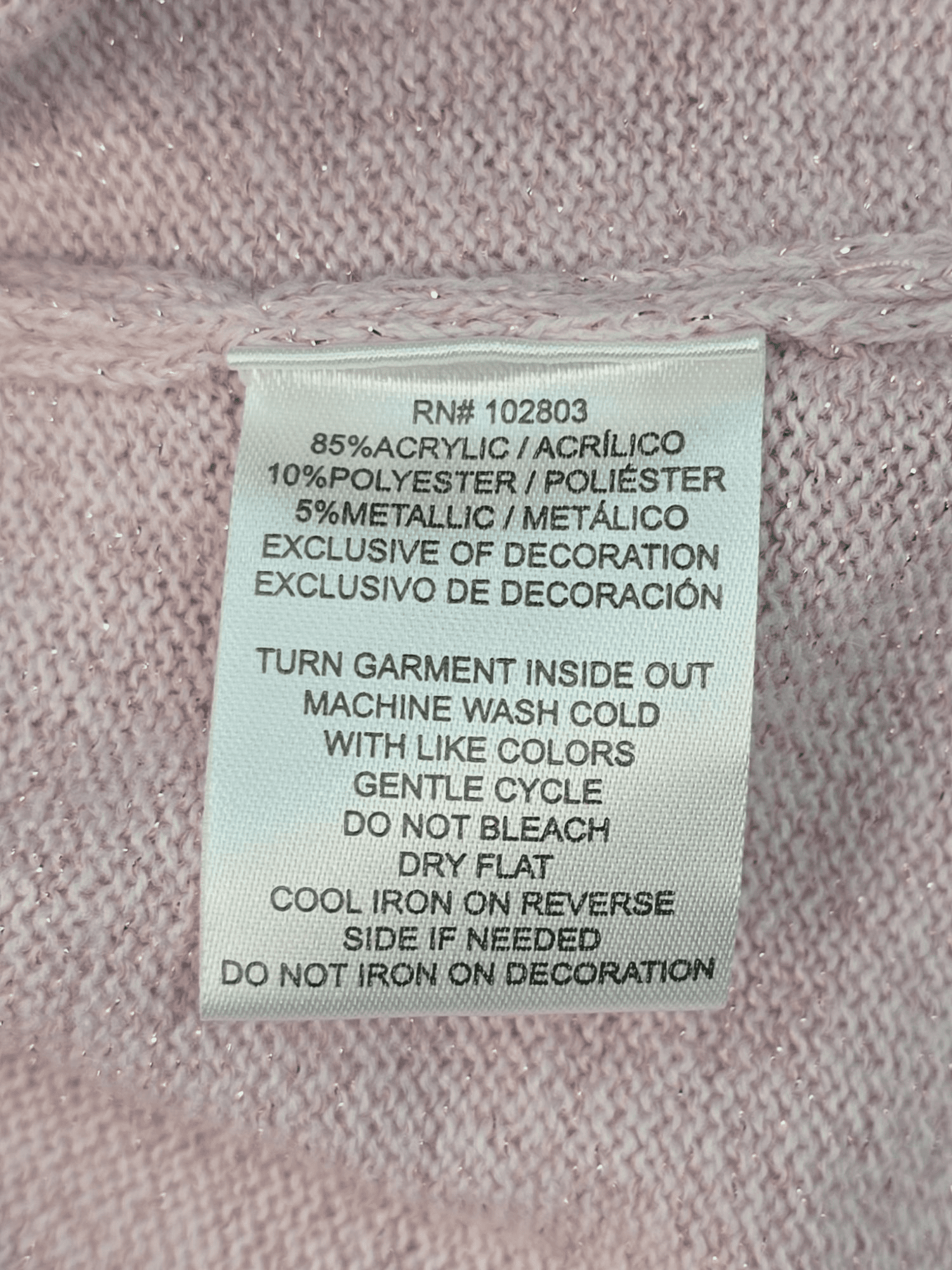 Briggs pink metallic layered look cardigan sweater garment care and material content label