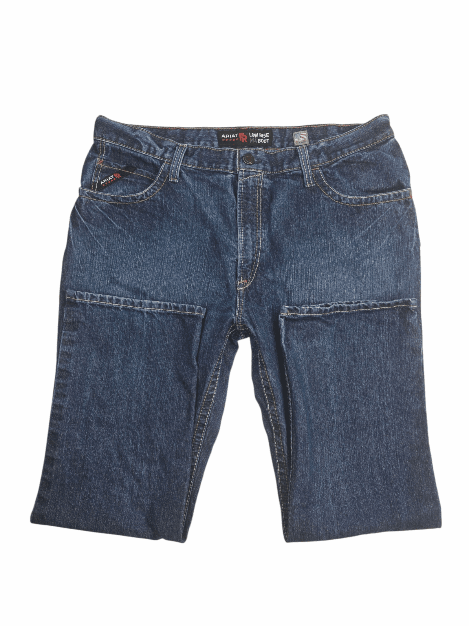 Close-up of front of Ariat men’s size 40x32 M4 FR low-rise bootcut jeans showing waistband, button, and pocket detail