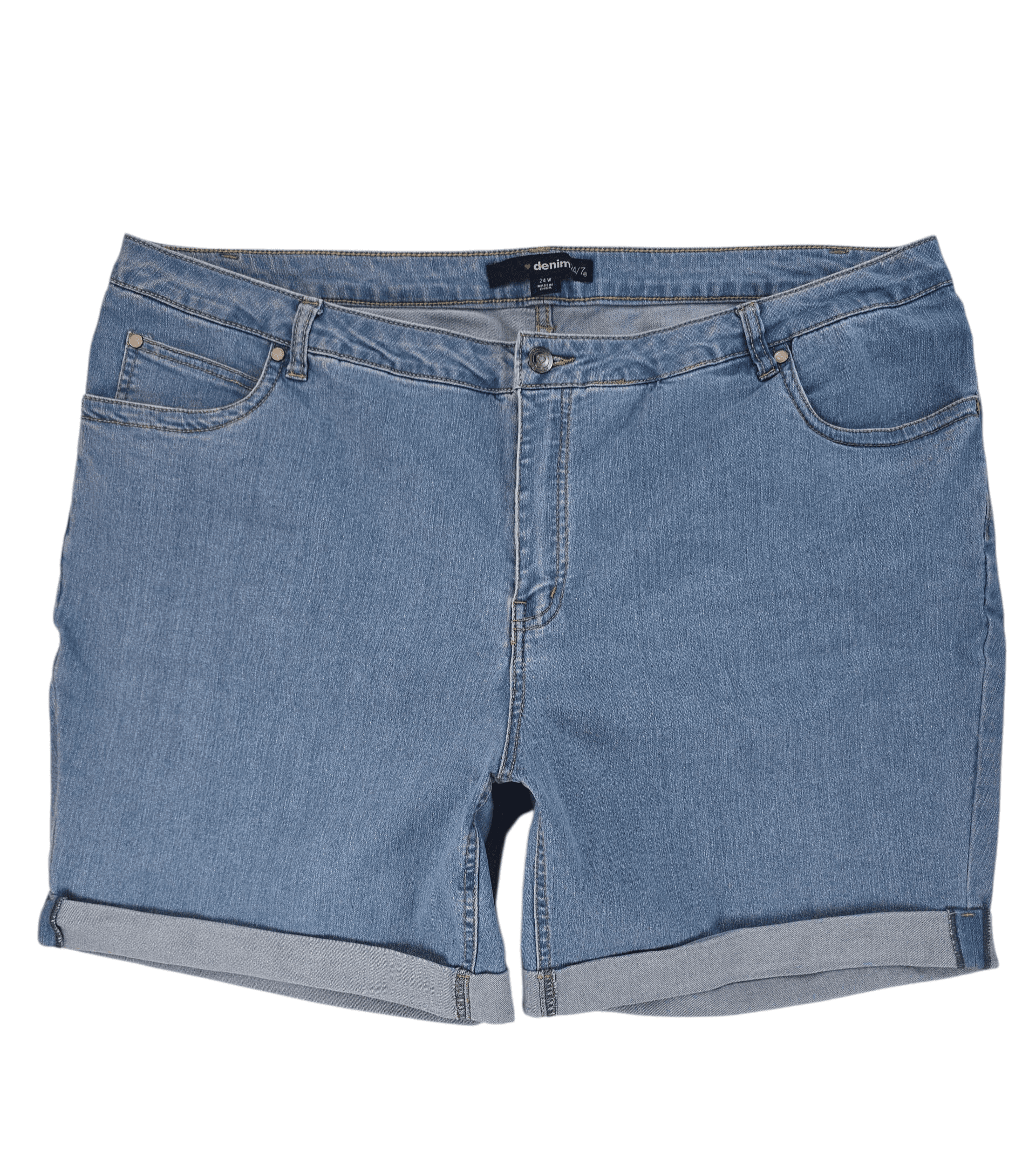 Denim 24/7 women’s plus size 24W light blue jean shorts with folded cuff front view