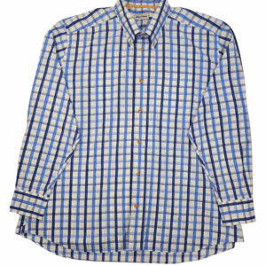 David Donahue men’s XXL blue and white checked button-down shirt front view