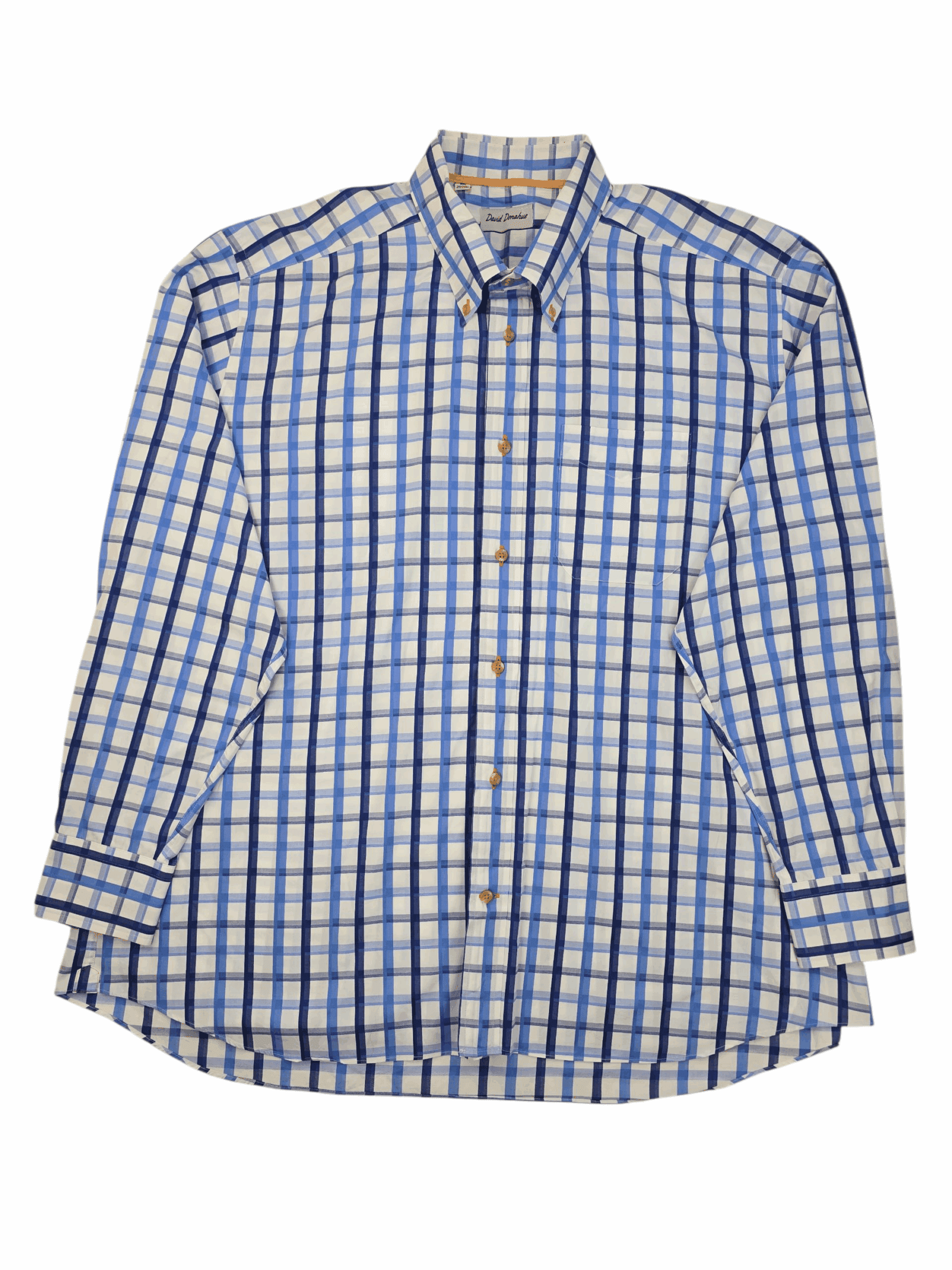 David Donahue men’s XXL blue and white checked button-down shirt front view