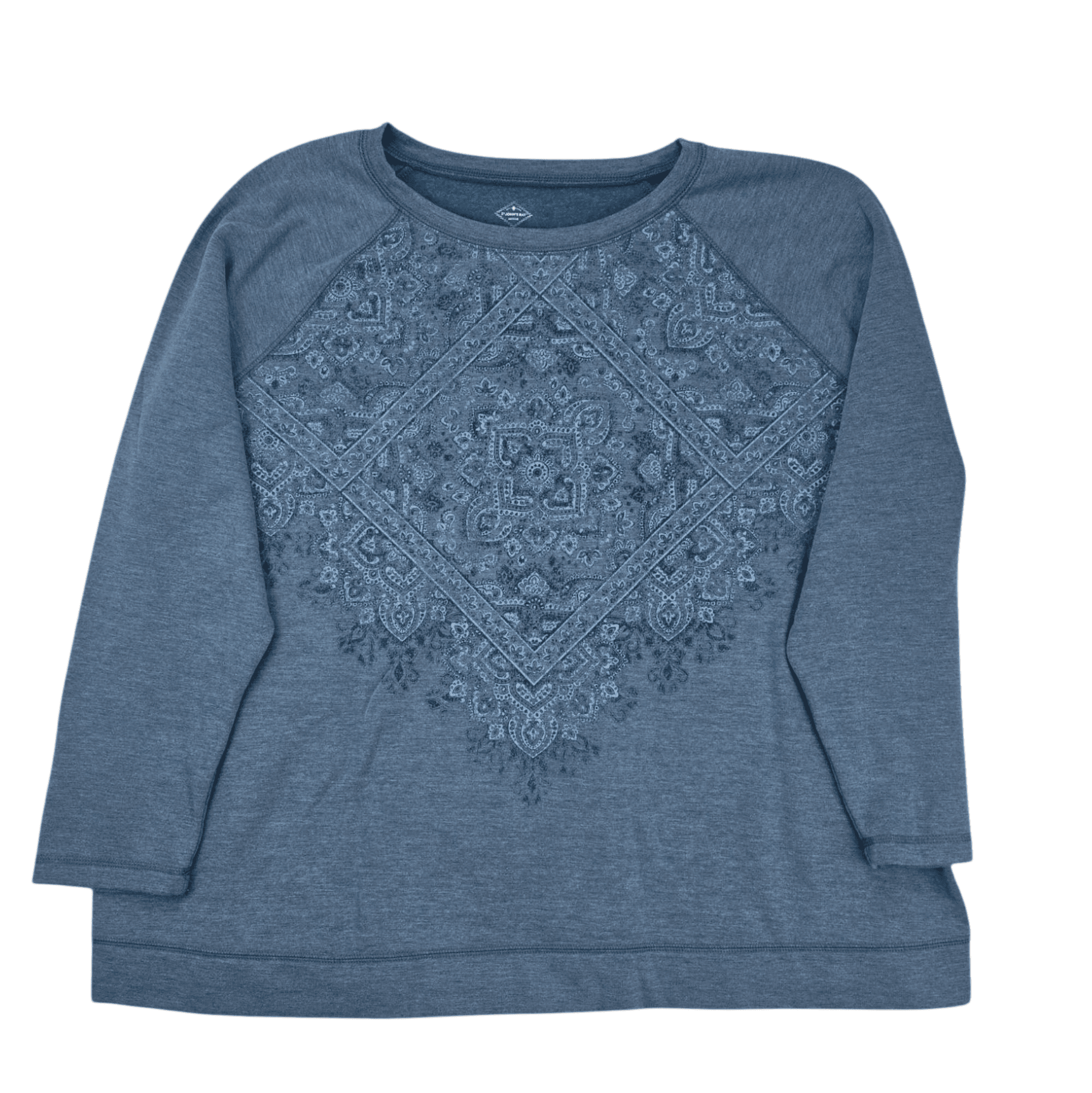 Front view of St. John’s Bay blue bohemian-inspired pullover sweatshirt women’s size 2X