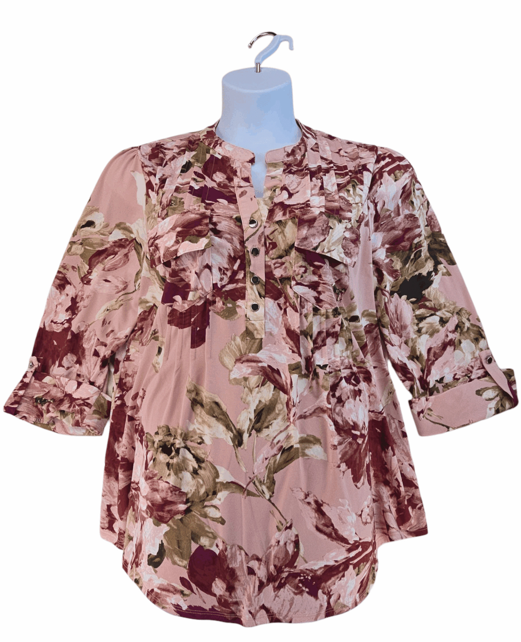 Front view of Cocomo Woman pink floral 3/4 sleeve pullover top size 1X