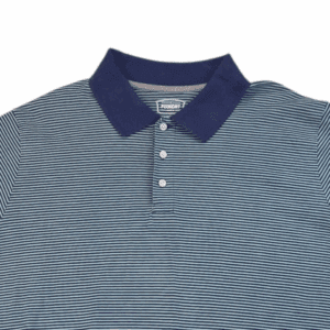 Close-up of front of The Foundry men’s size 2XL navy and aqua blue striped polo shirt showing collar, placket, and stripe texture