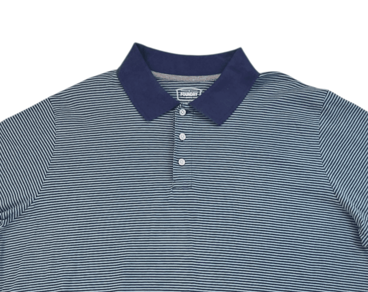 Close-up of front of The Foundry men’s size 2XL navy and aqua blue striped polo shirt showing collar, placket, and stripe texture
