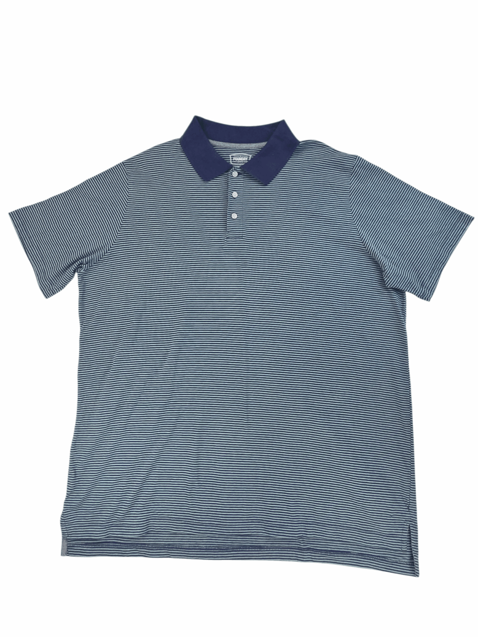 The Foundry Men’s 2XL navy and aqua blue striped polo shirt front view