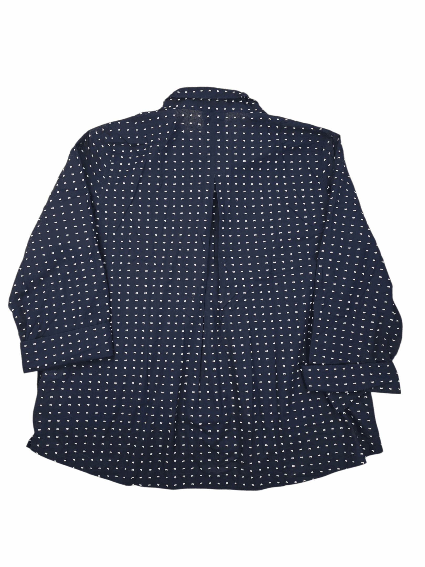 Back view of Appleseed’s plus size women’s blouse in size 3X in beautiful navy with blue clip dots and a button-front.