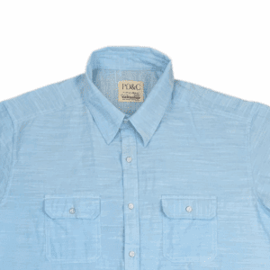 Close-up of front of PD&C men’s size XXL sky blue short-sleeve button-up shirt showing buttons and pocket detail
