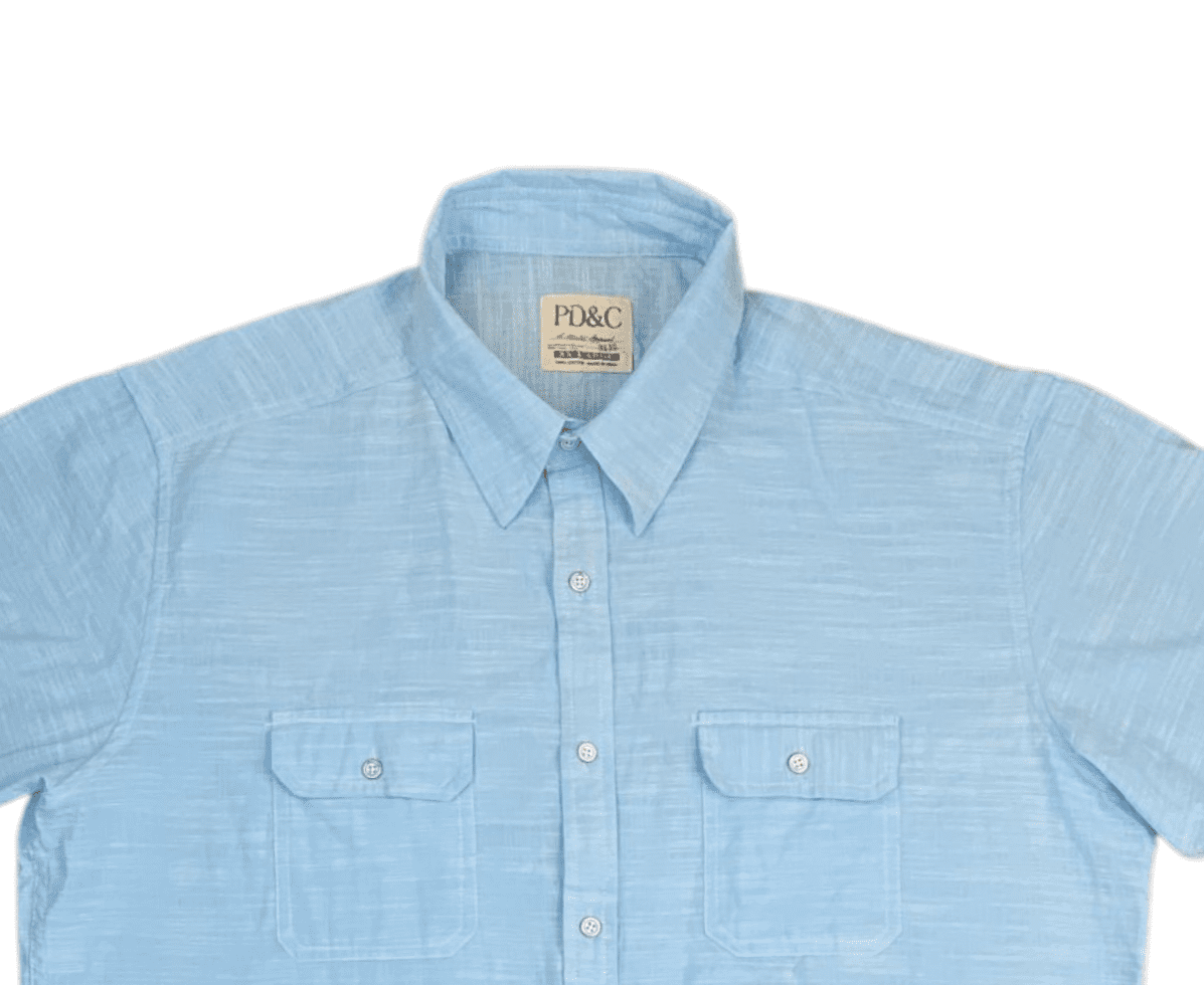 Close-up of front of PD&C men’s size XXL sky blue short-sleeve button-up shirt showing buttons and pocket detail