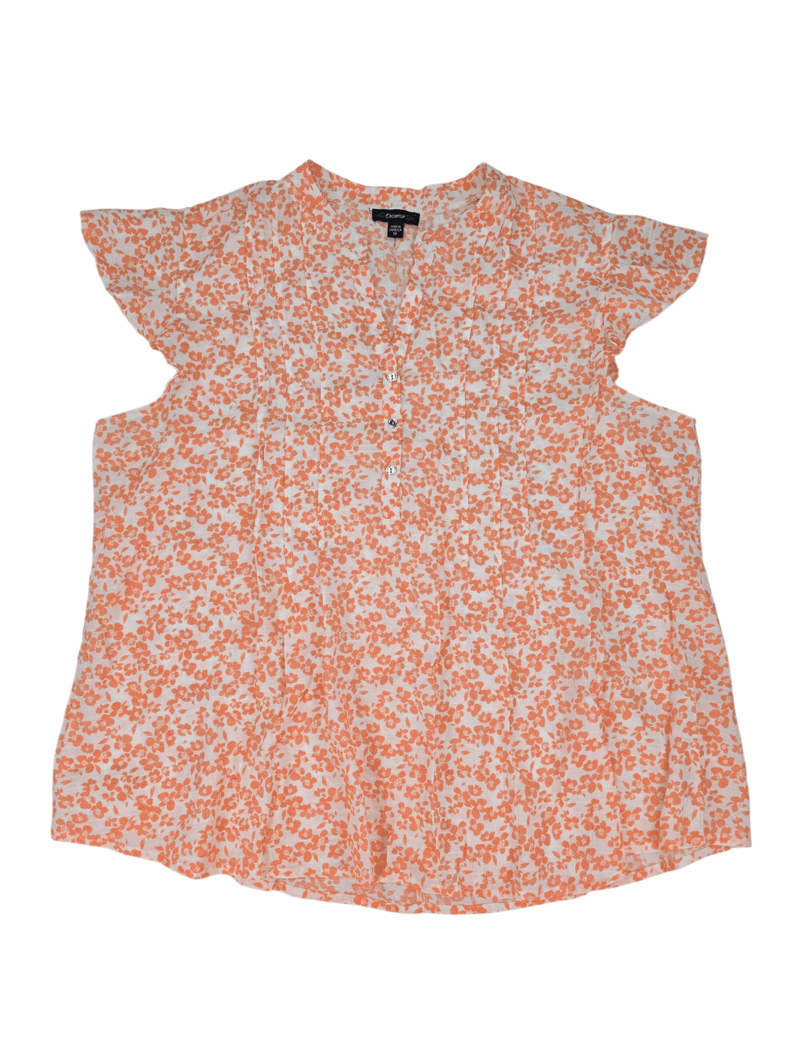 Front view of Cocomo white and orange floral pleated pullover top women’s size 1X