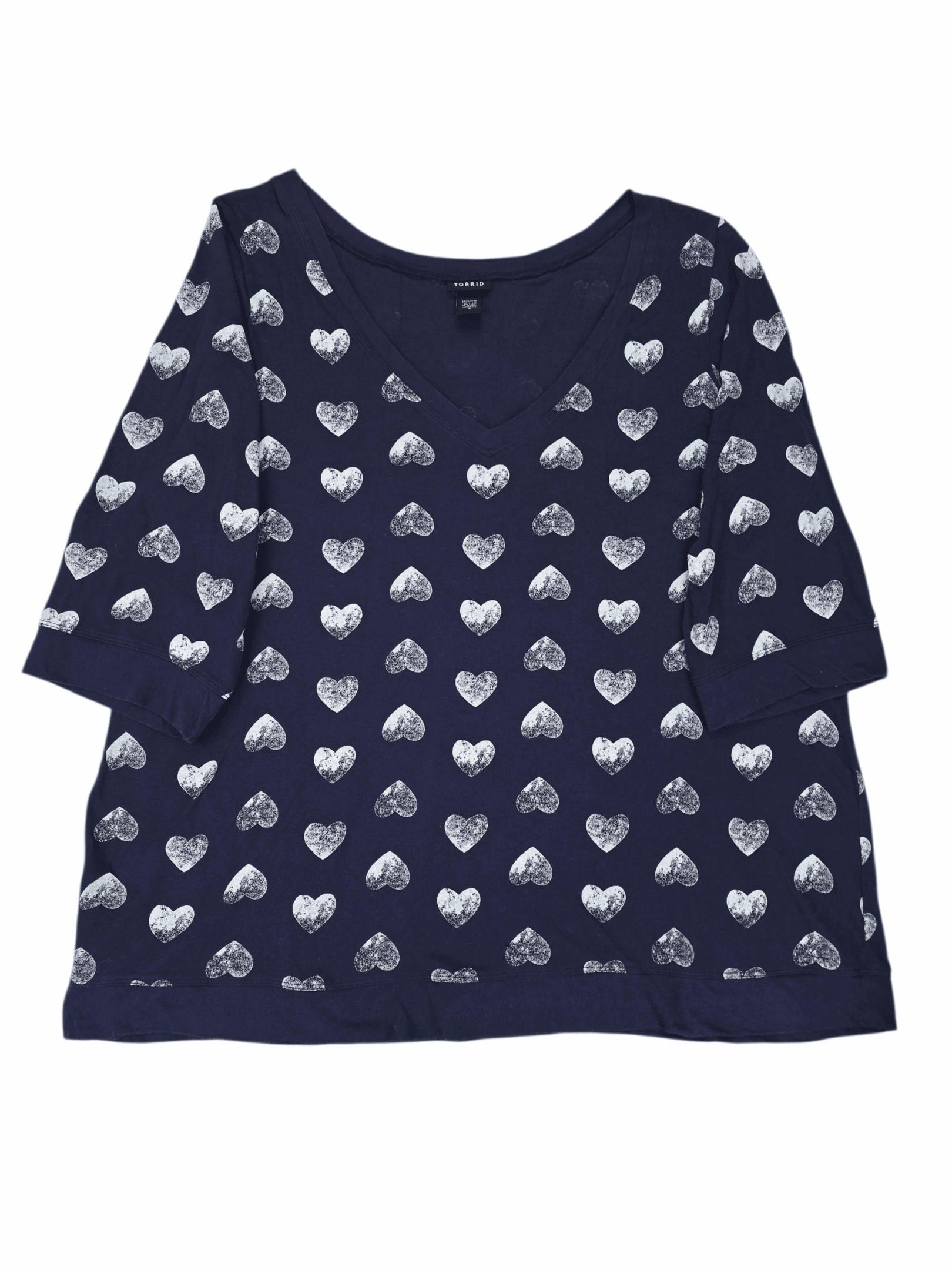 Front view of Torrid navy blue heart print 3/4 sleeve pullover T-shirt size 4