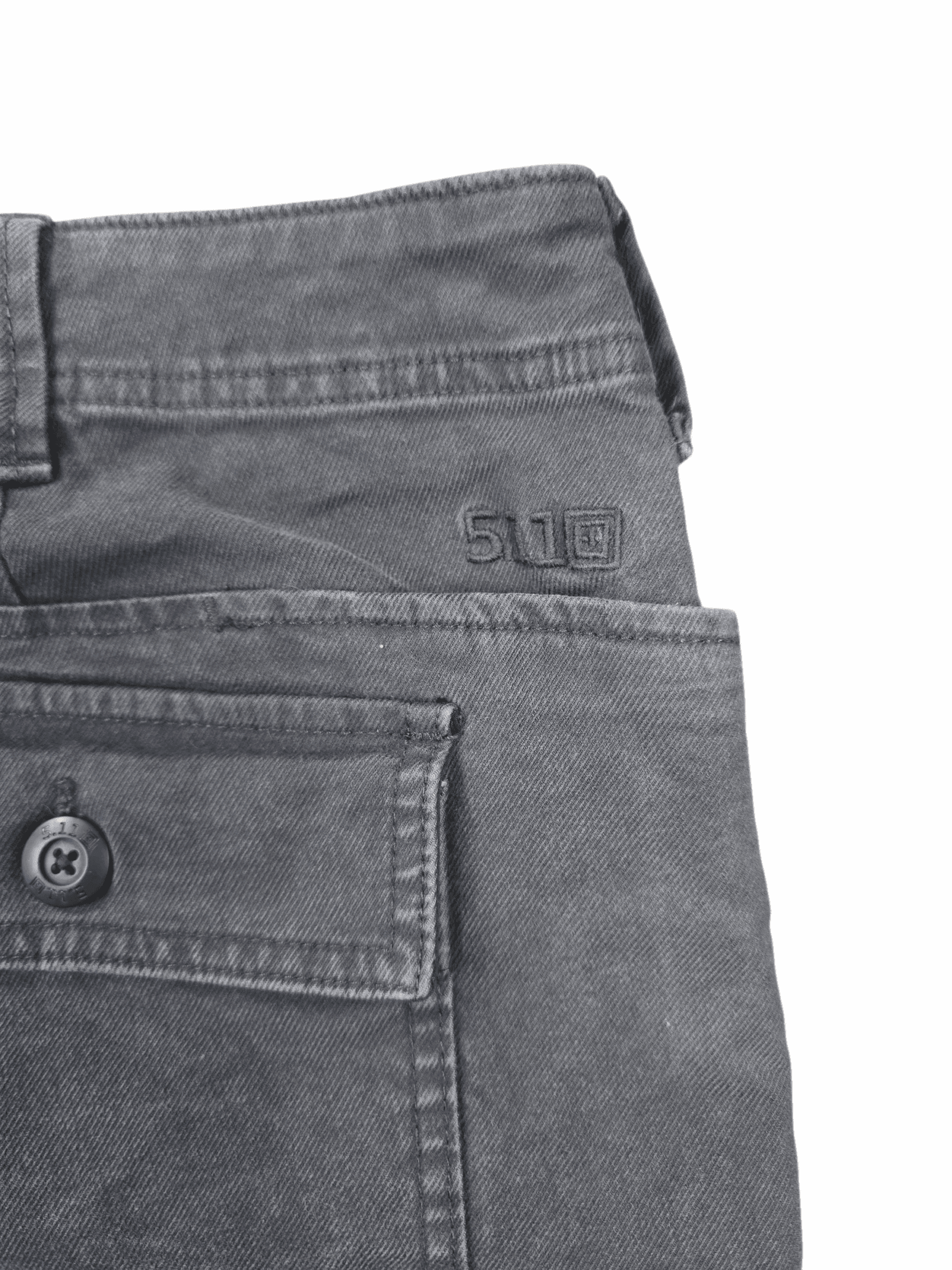Close-up of embroidered 5.11 Tactical logo on back of men’s size 42x30 gray twill stretch pants