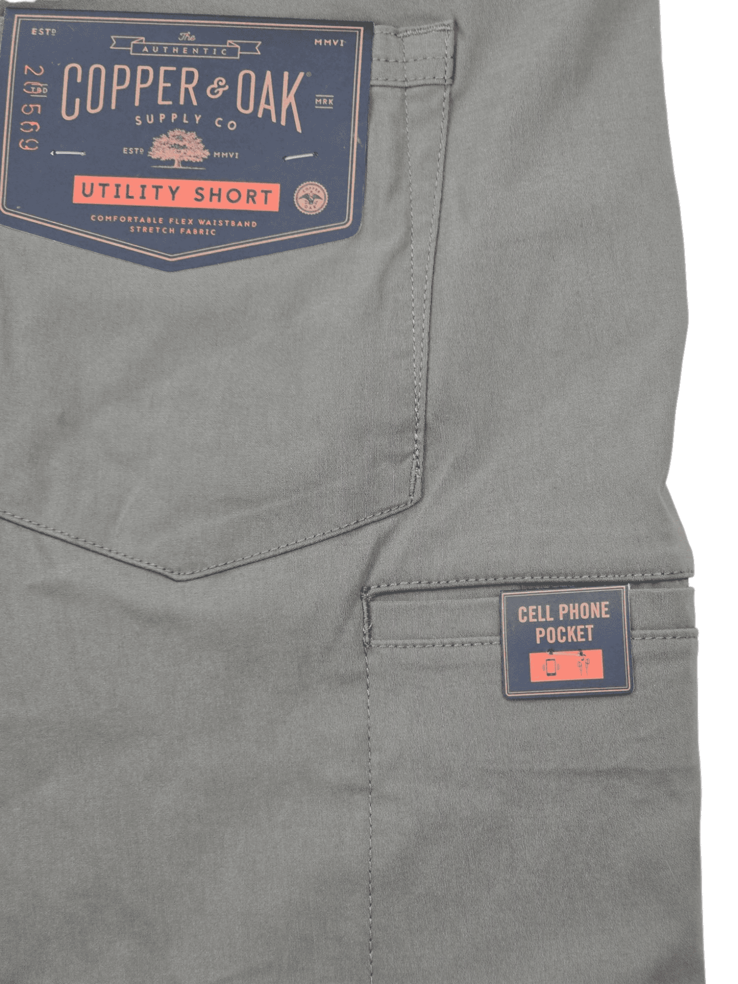 Store Tag for Copper & Oak Green Utility Comfort Flex Shorts Size 44W – NWT Retail Hang Tag with Brand and Price