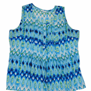 Front view of Claudia Richard blue green yellow semi-sheer pleated tank top women’s size 2X