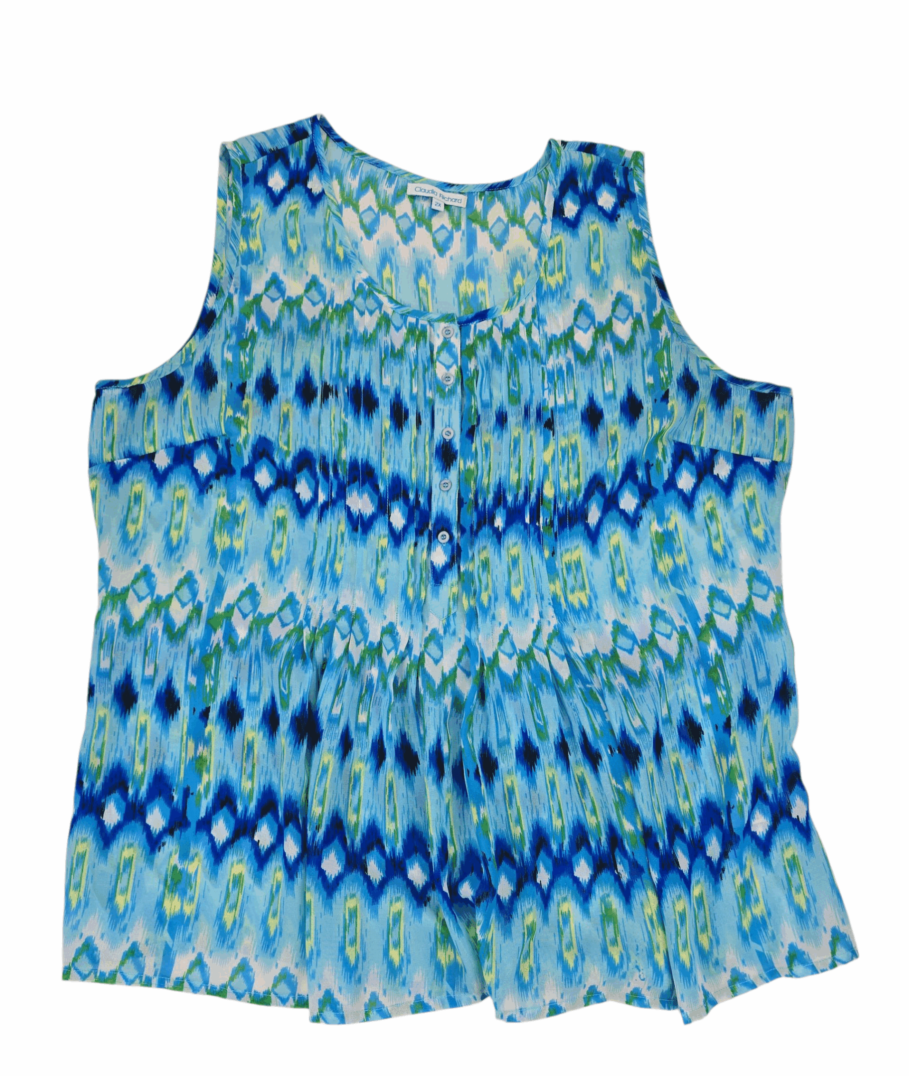 Front view of Claudia Richard blue green yellow semi-sheer pleated tank top women’s size 2X
