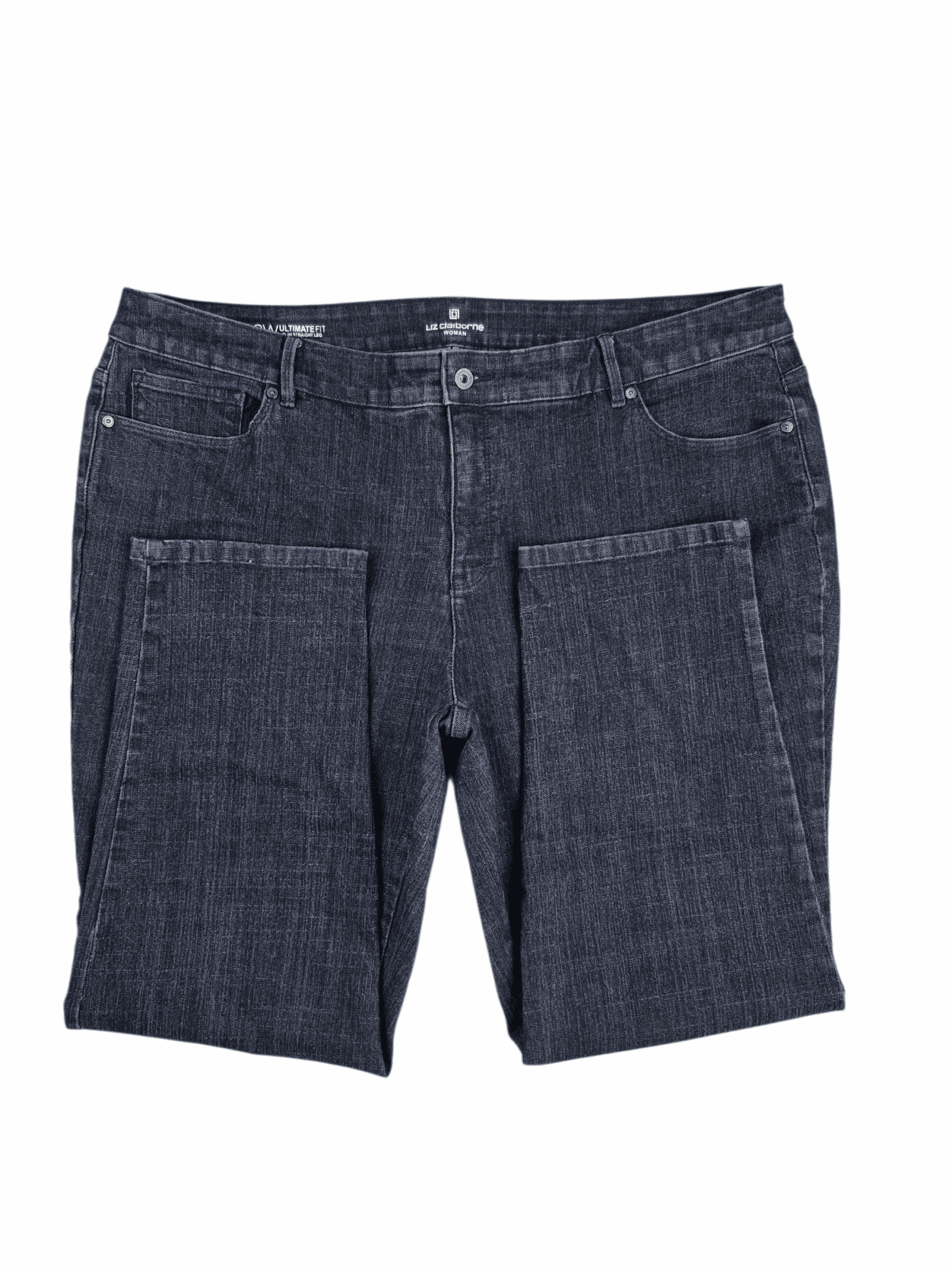 Close-up of front of Liz Claiborne Woman size 22W Ultimate Fit dark wash jeans showing waistband, pockets, and denim texture