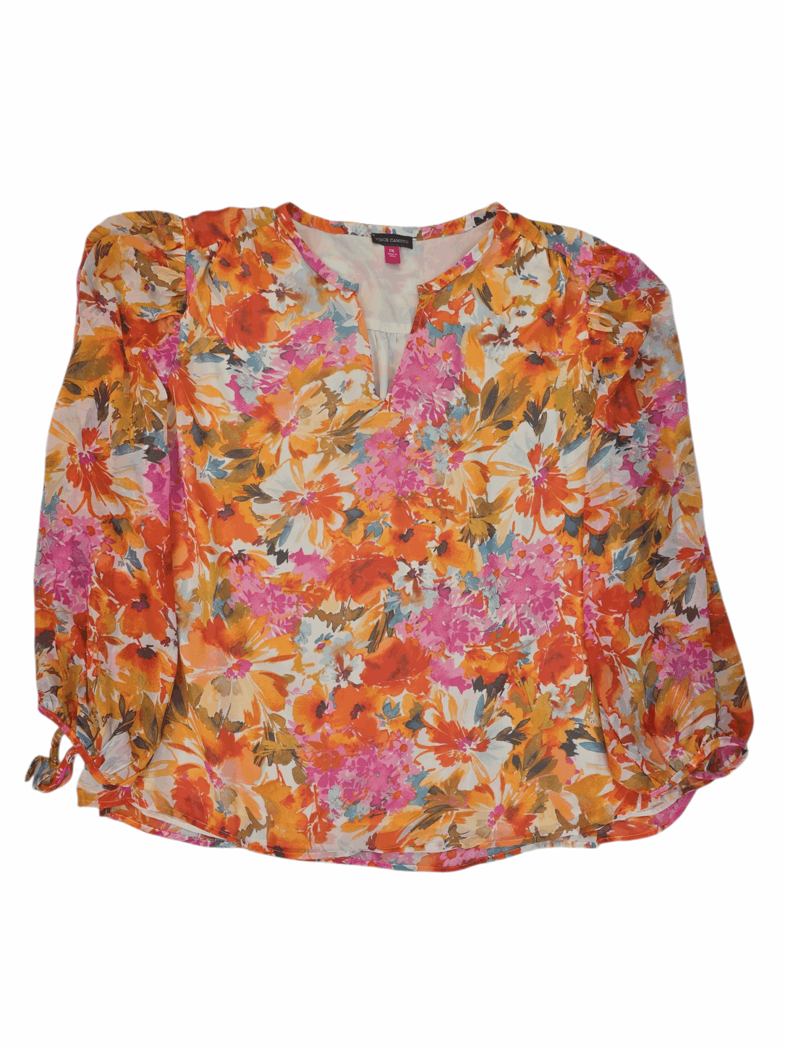 Front view of NWT Vince Camuto orange floral sheer V-neck long sleeve top size XXL