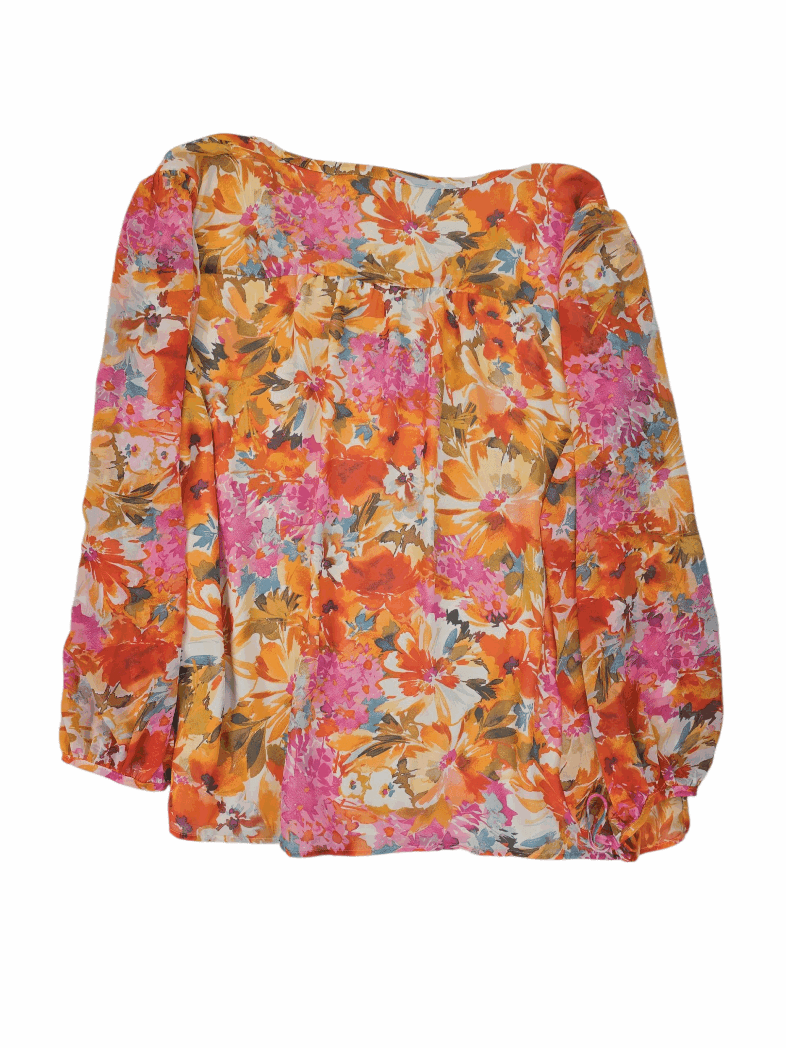 Back view of NWT Vince Camuto orange floral sheer V-neck long sleeve top size XXL
