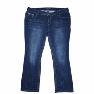 Front view of Amethyst blue denim straight leg embellished jeans size 20R