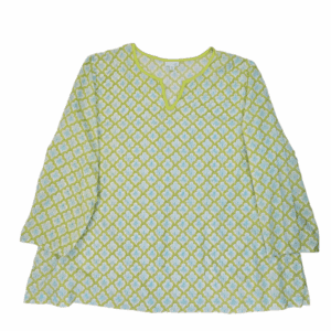 Front view of J. Jill lime green and blue lightweight cotton V-neck top size 4X