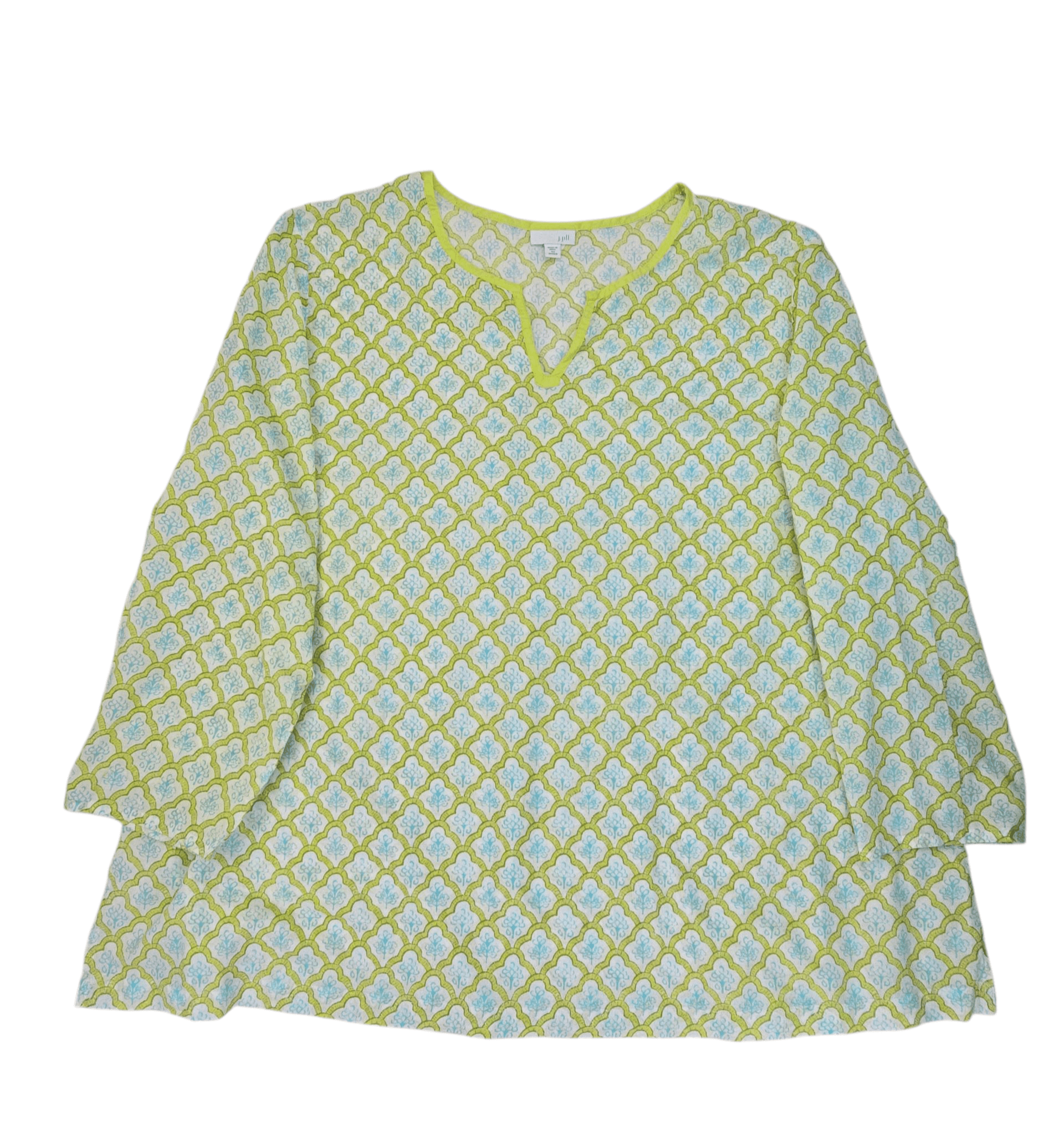 Front view of J. Jill lime green and blue lightweight cotton V-neck top size 4X