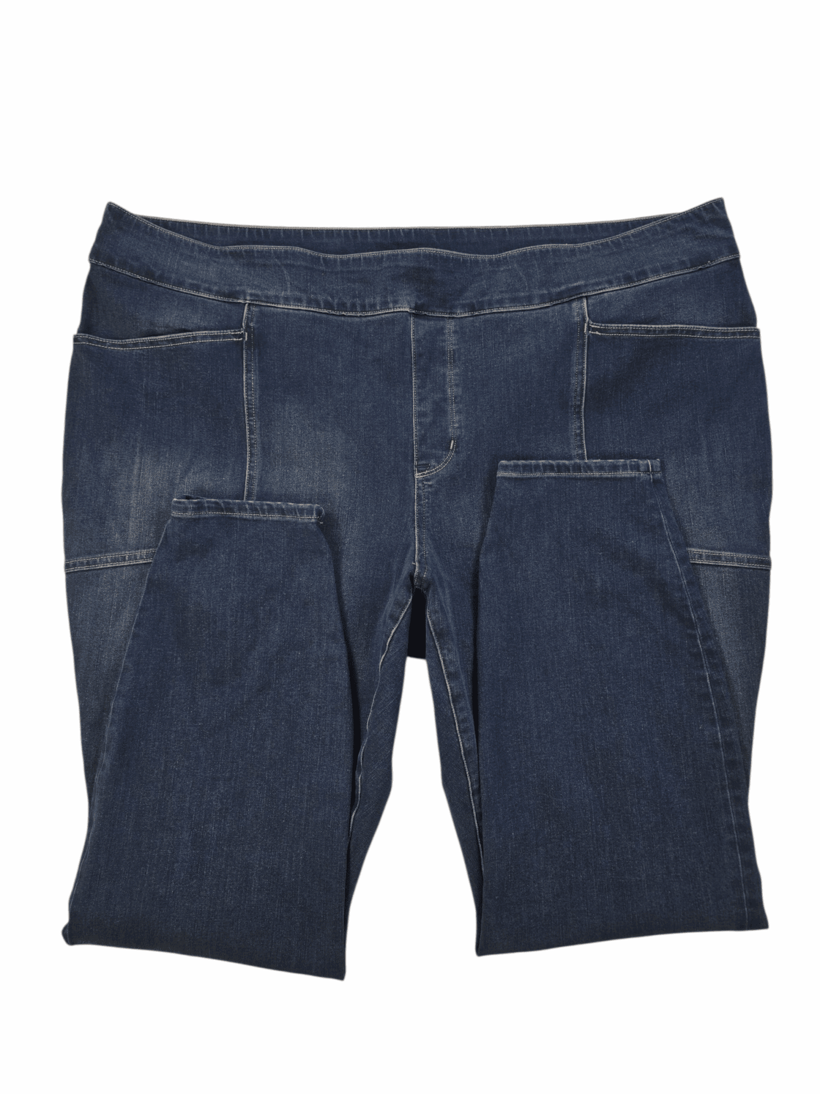 Close-up of front of Duluth women’s size 24W regular blue pull-on skinny jeans showing waistband and fabric detail