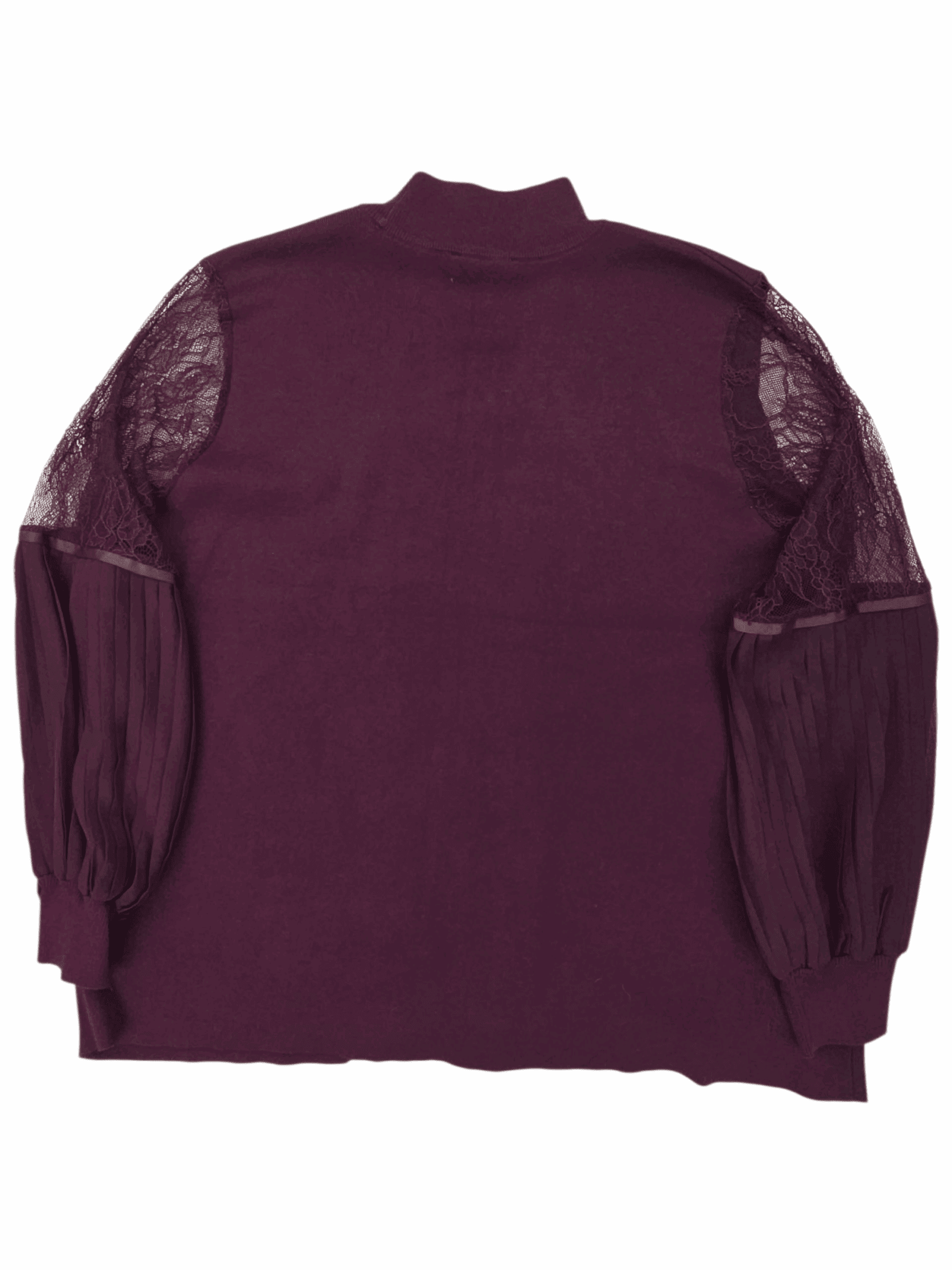 Front view of NWT Belldini wine keyhole pullover sweater with lace accordion sleeves size 3X