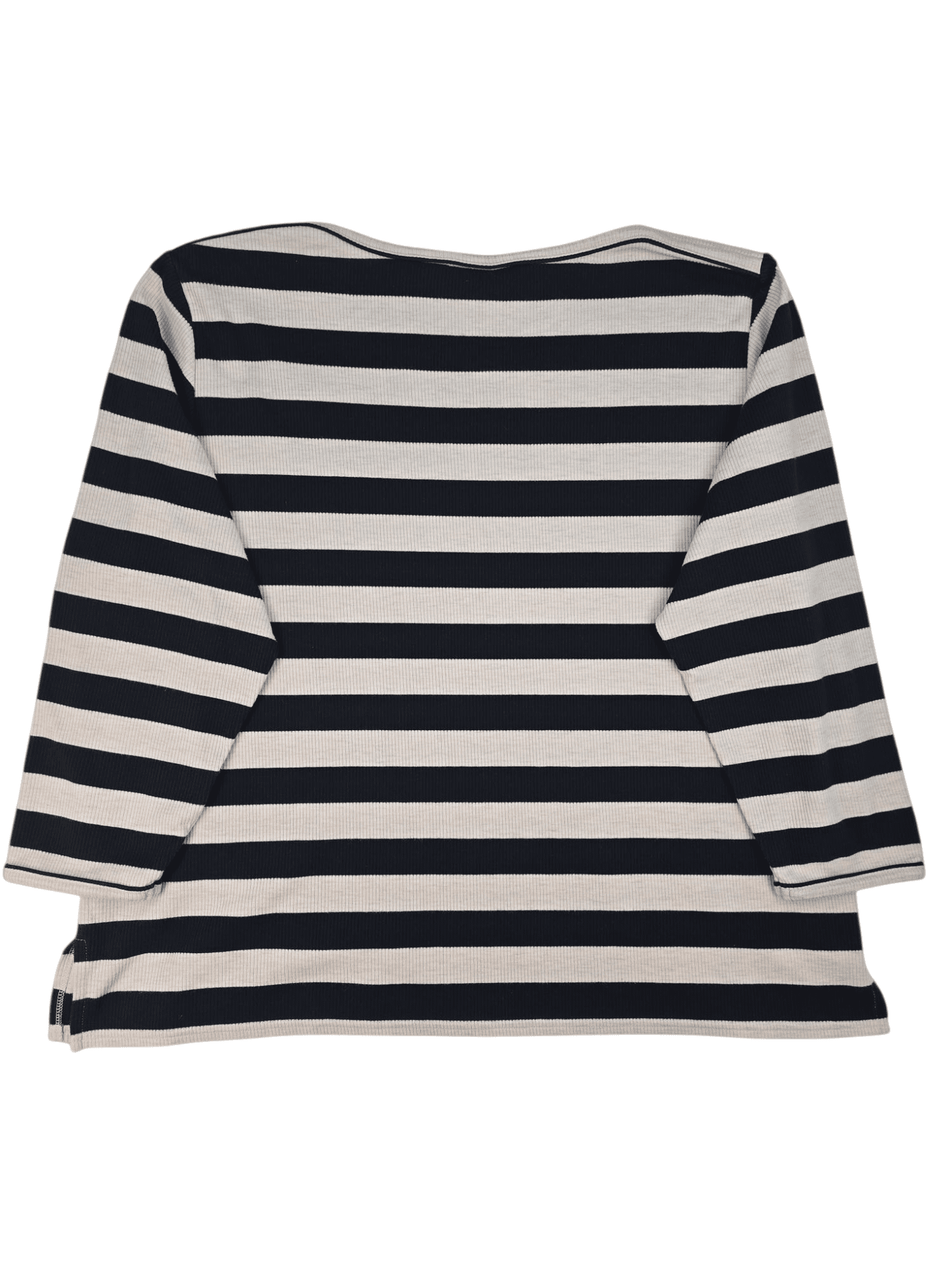 Back view of Villager Sport Woman black and tan striped boat neck top size 3X