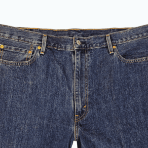 Close-up of waistband, button, and stitching on Levi’s 550 blue straight-leg jeans men’s size 42x32