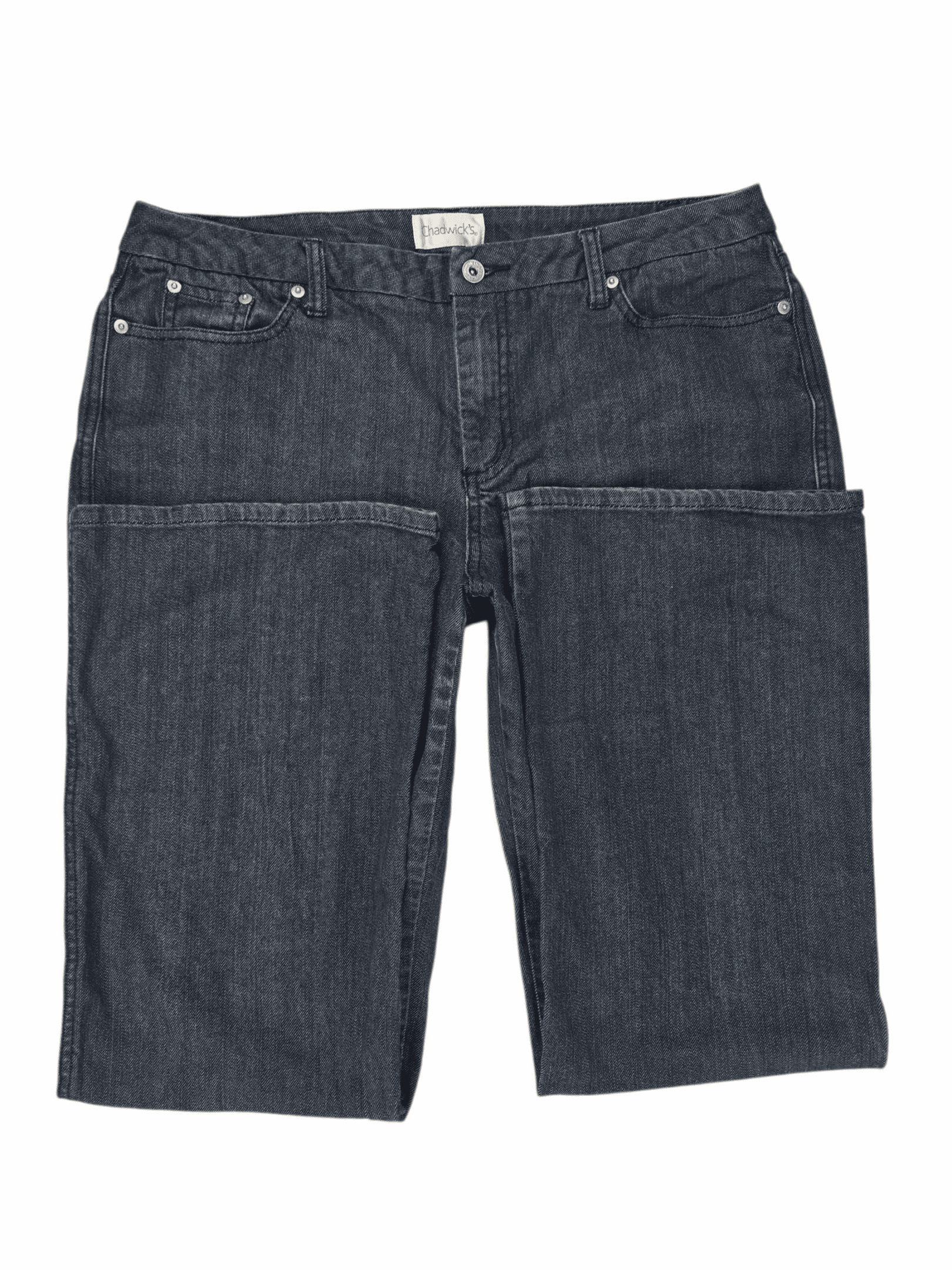 Close-up of waistband, pockets, and stitching on Chadwick’s blue straight leg medium wash denim jeans size 16