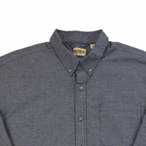 Close-up of front of RedHead men’s size 2XL navy and white checked cotton button-up shirt showing collar, buttons, and pocket