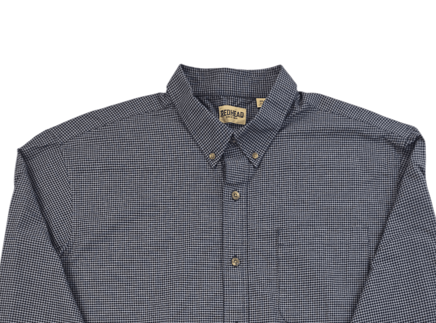 Close-up of front of RedHead men’s size 2XL navy and white checked cotton button-up shirt showing collar, buttons, and pocket