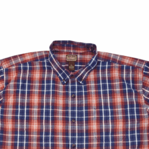 Close-up of front of C. E. Schmidt Workwear men’s 3XL red, white, and blue checked button-up shirt showing button and fabric detail