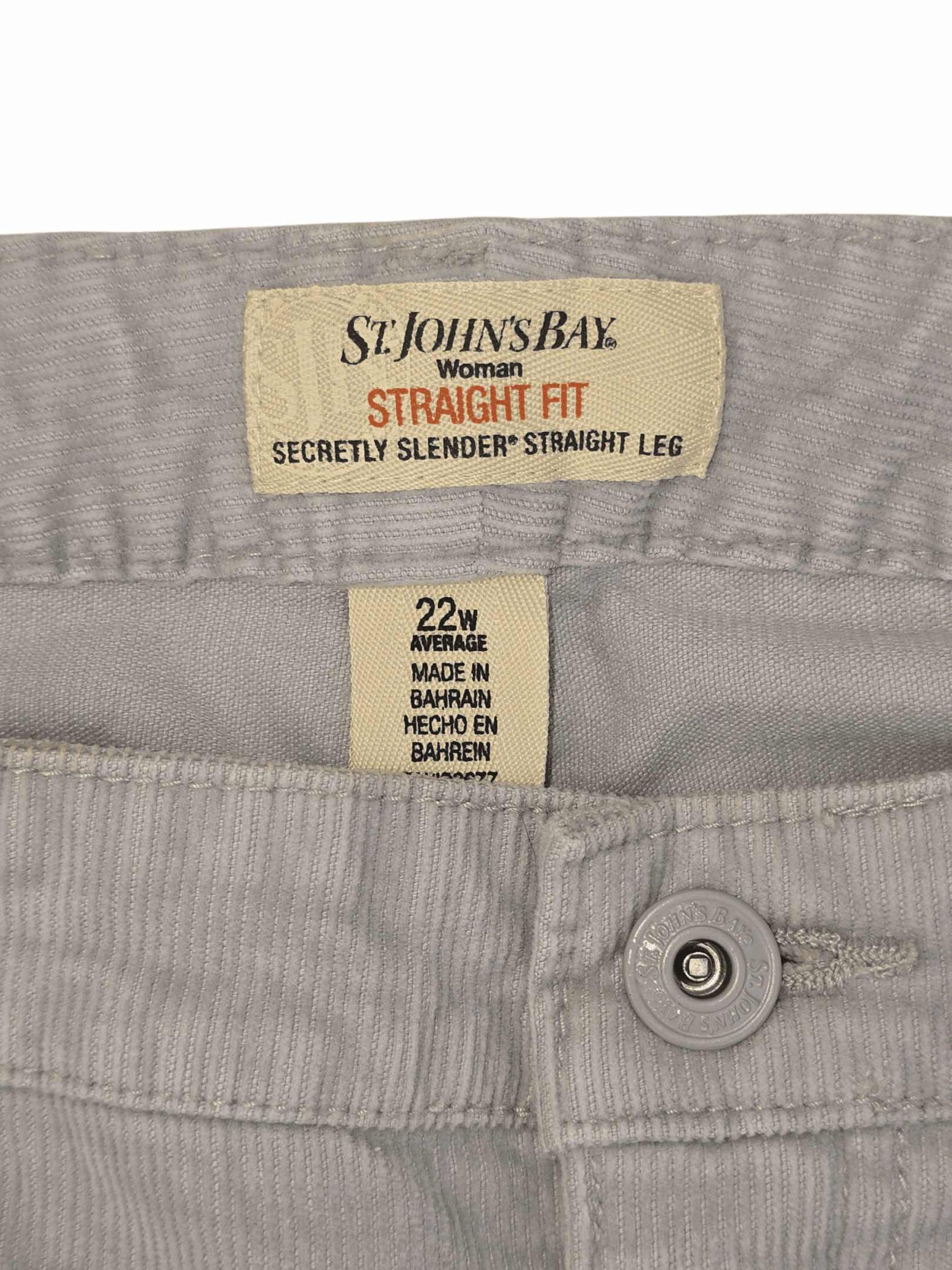 St. John’s Bay Brand and Size Tag on Women’s Light Gray Corduroy Straight-Leg Pants Plus Size 22W