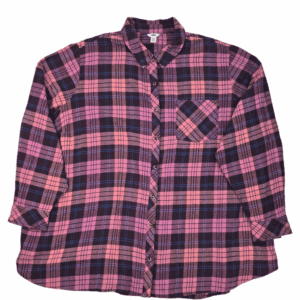 Sonoma women’s 4X purple and pink plaid flannel button-up shirt front view