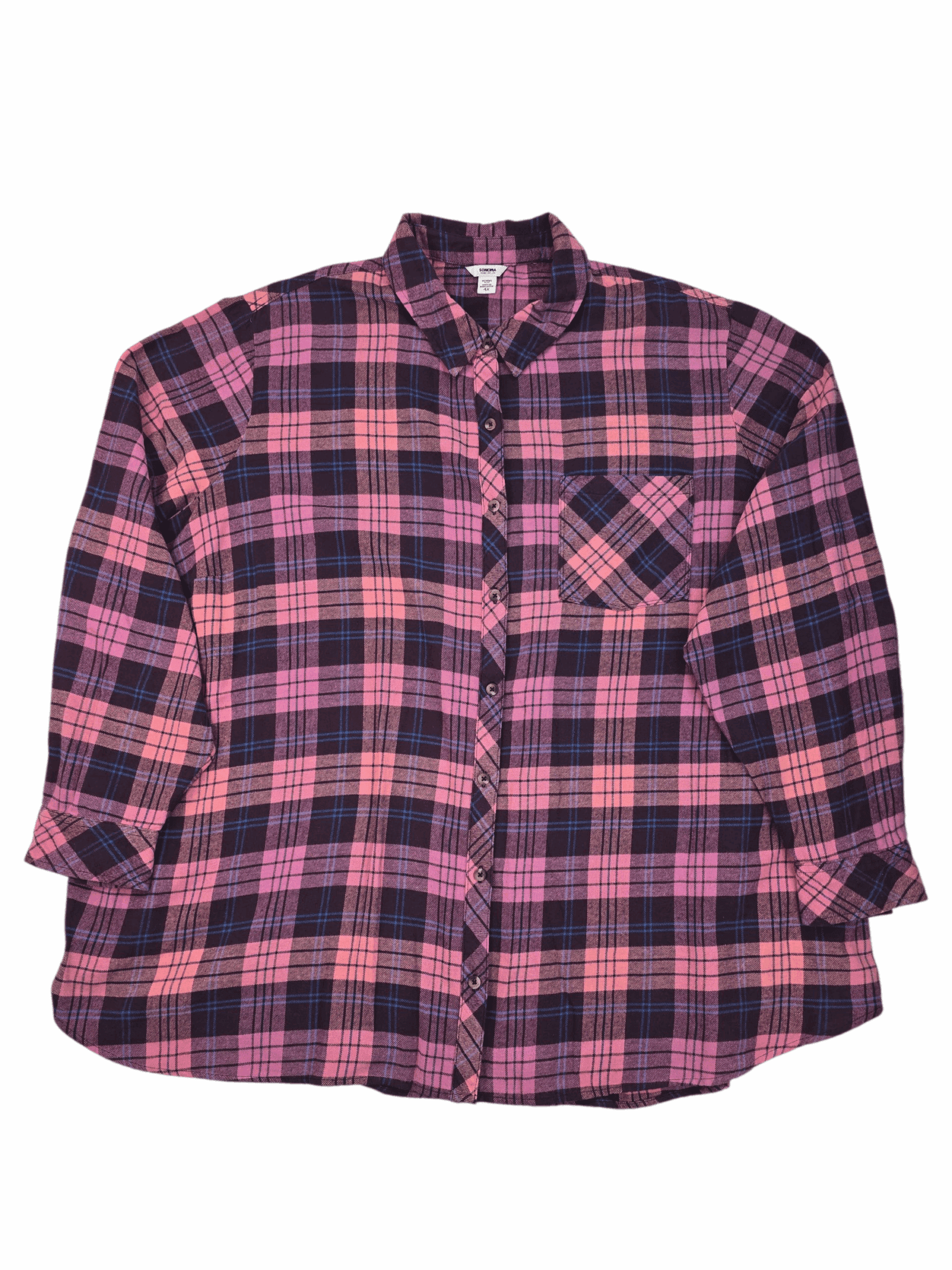 Sonoma women’s 4X purple and pink plaid flannel button-up shirt front view