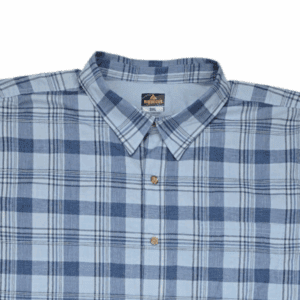 Close-up of front of Ridgecut men’s size 3XL blue checked button-up shirt showing collar, buttons, and pocket detail