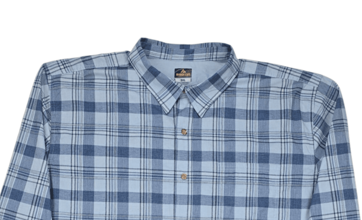 Close-up of front of Ridgecut men’s size 3XL blue checked button-up shirt showing collar, buttons, and pocket detail