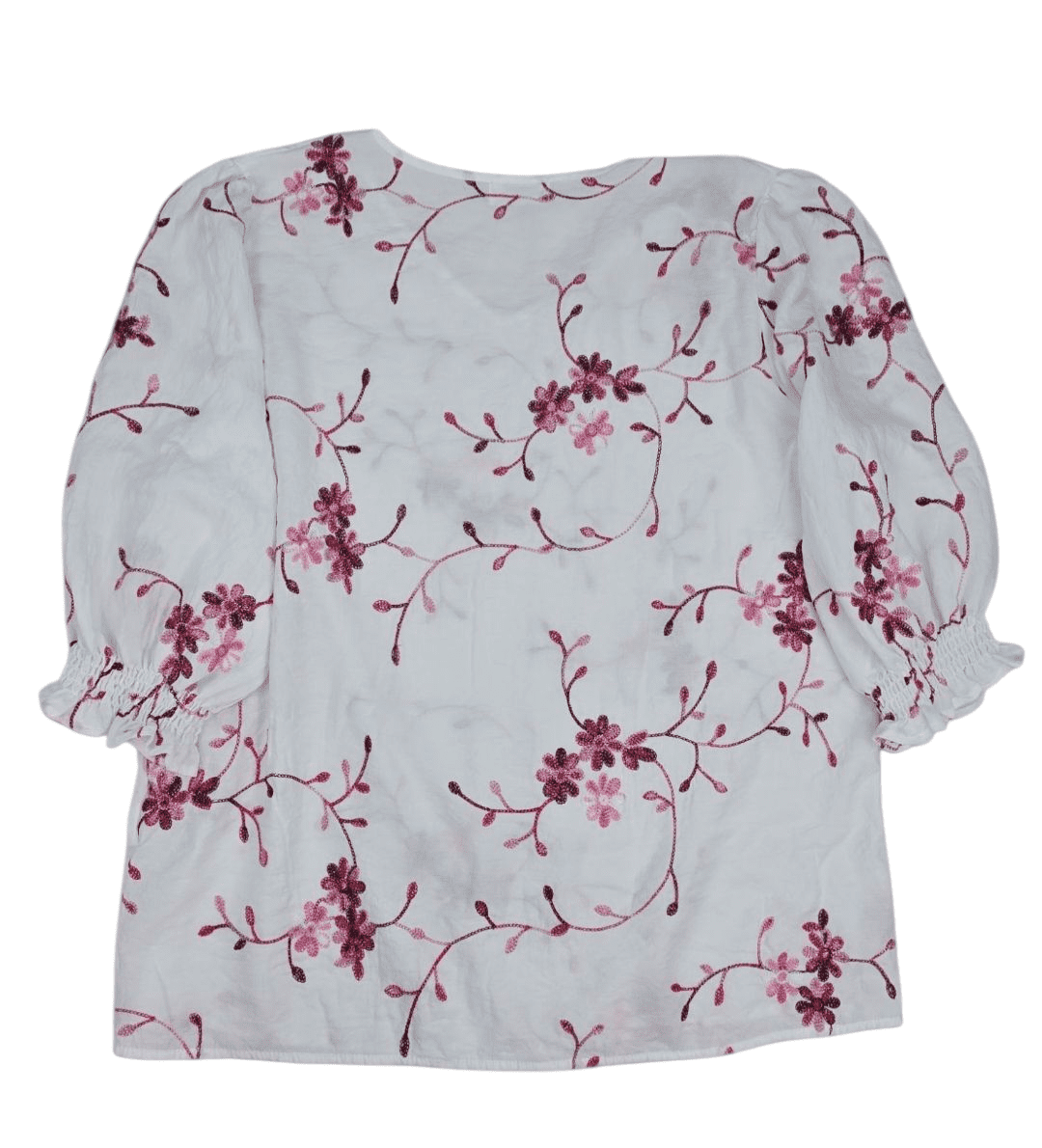 Back view of Kindred white pink floral embroidered V-neck top size 2X