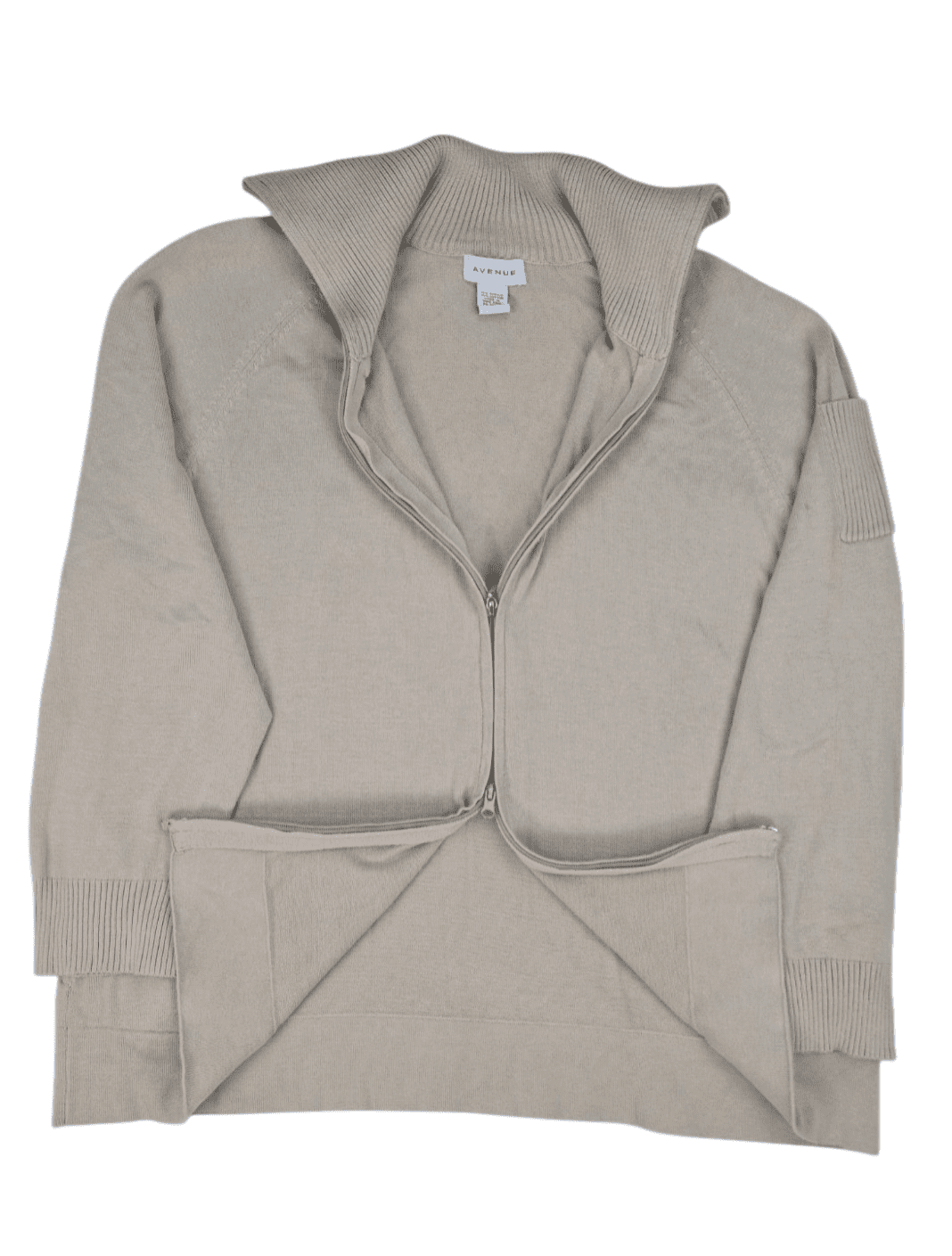 Two-Way Zipper Detail – Avenue Tan Zip-Up Cardigan Sweater Size 18/20 Showing Zipper Opening from Top and Bottom