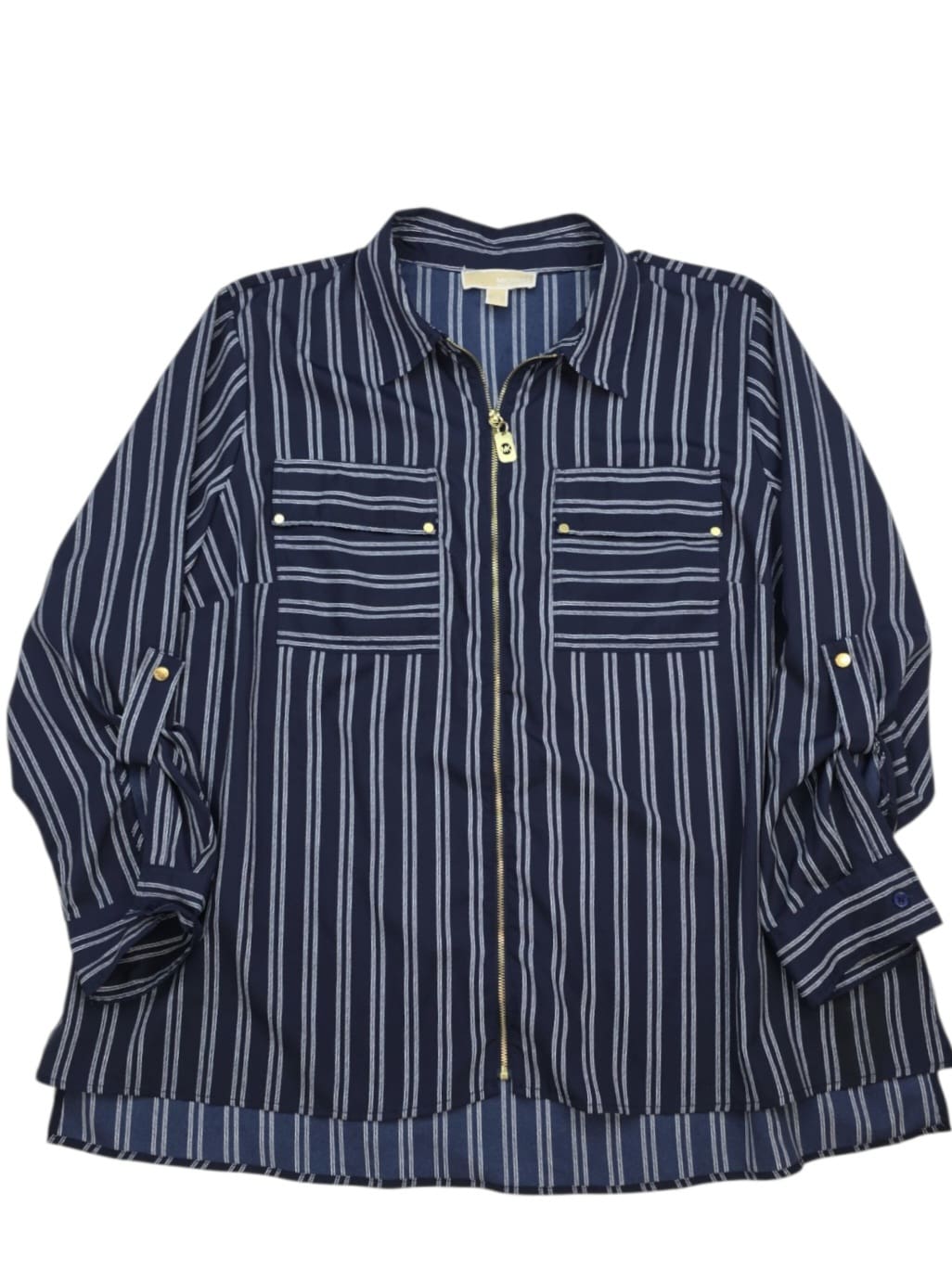 Michael Kors women’s size 2X navy blue gold-zip shirt front view