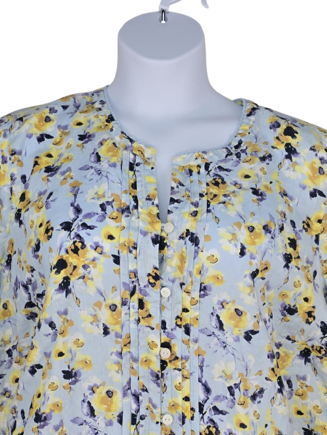 Close-up of front of J. Jill Love Linen women’s size 2X floral button-up top showing floral print, buttons, and neckline detail