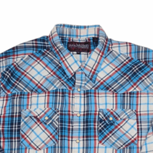 Close-up of front of Rock & Roll Cowboy men’s size XXL red, white, and blue plaid western snap shirt showing snaps and pockets