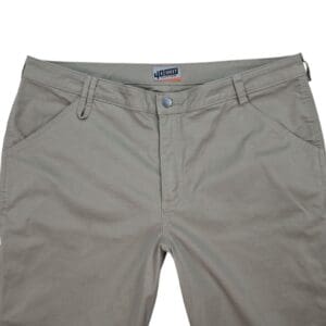 Close-up of front of Duluth Trading 40 Grit women’s size 18R khaki straight leg carpenter pants showing waistband, zipper, and pocket detail