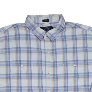 Close-up of front of Even Tide men’s size 2XL Slim blue and tan checked button-up shirt showing collar, buttons, and pocket detail
