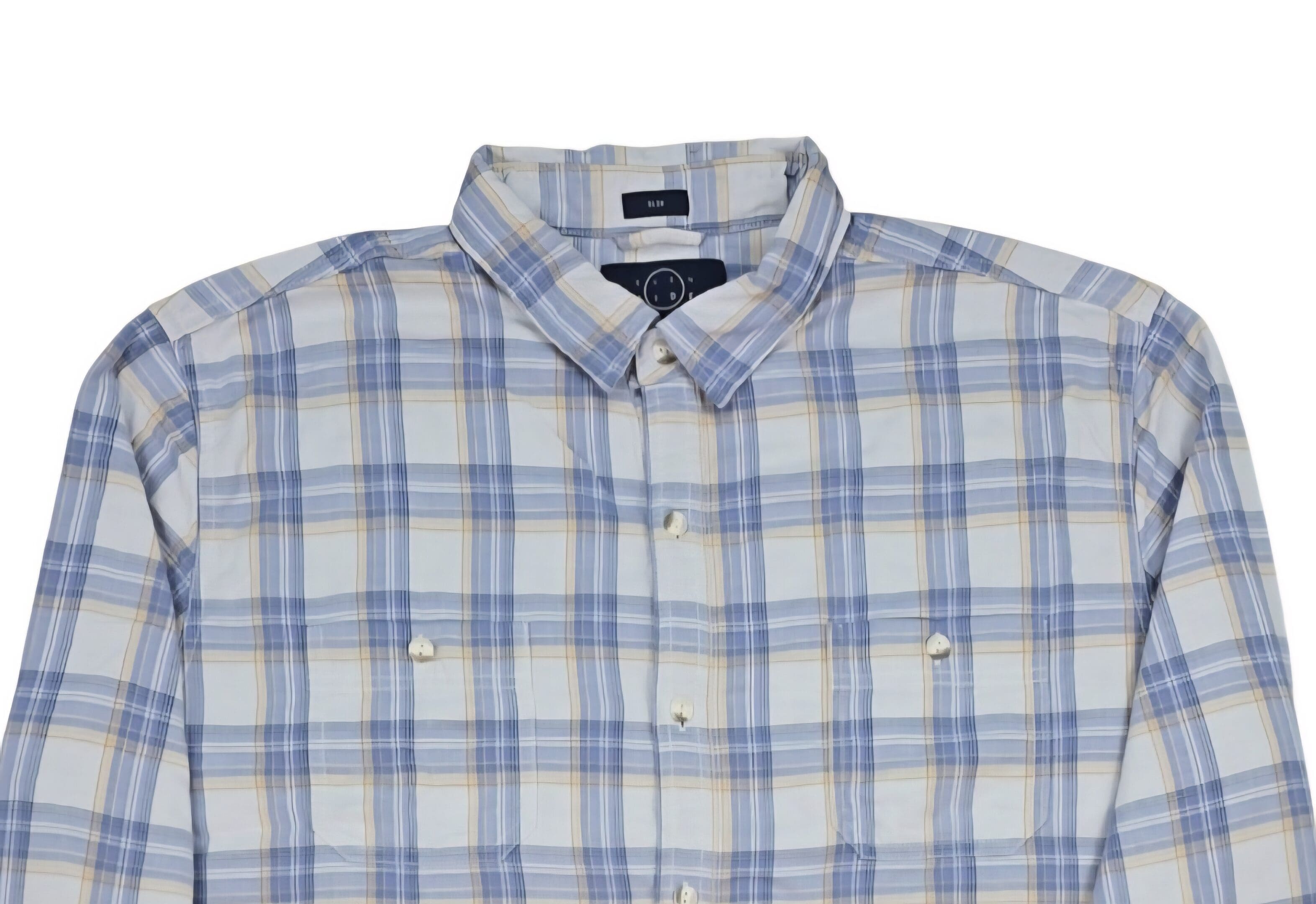 Close-up of front of Even Tide men’s size 2XL Slim blue and tan checked button-up shirt showing collar, buttons, and pocket detail