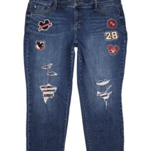 Disney Women’s Size 20 blue denim cropped jeans with Mickey Mouse patchwork front view