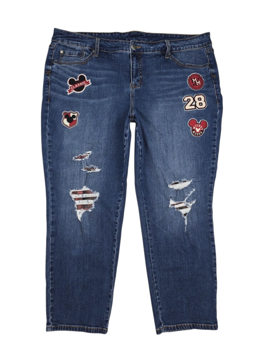 Disney Women’s Size 20 blue denim cropped jeans with Mickey Mouse patchwork front view