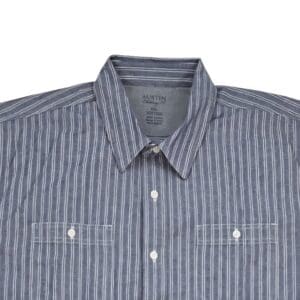 Close-up of front of Austin Clothing Company men’s size XXL blue pinstriped button-up shirt showing collar, buttons, and chest pocket