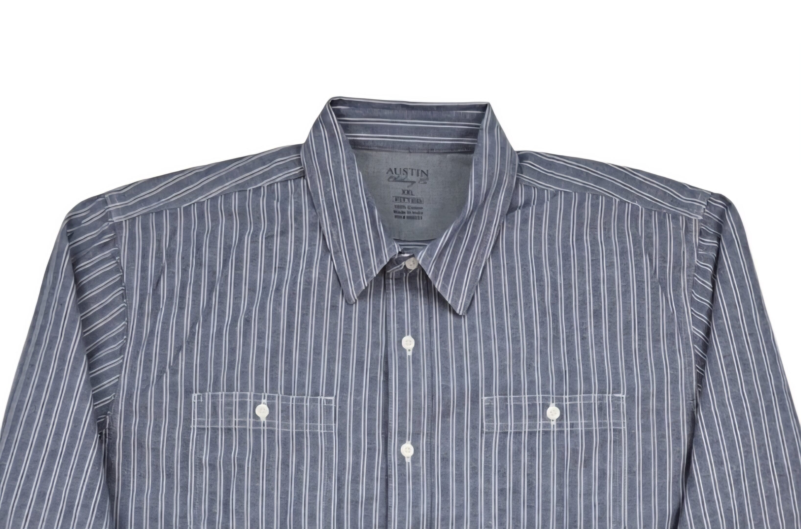 Close-up of front of Austin Clothing Company men’s size XXL blue pinstriped button-up shirt showing collar, buttons, and chest pocket